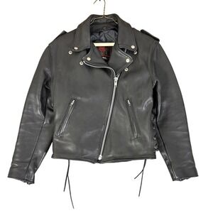 Fashions by Rose Black Leather Motorcycle Jacket Womens Size 10 Lace Up Vintage‎